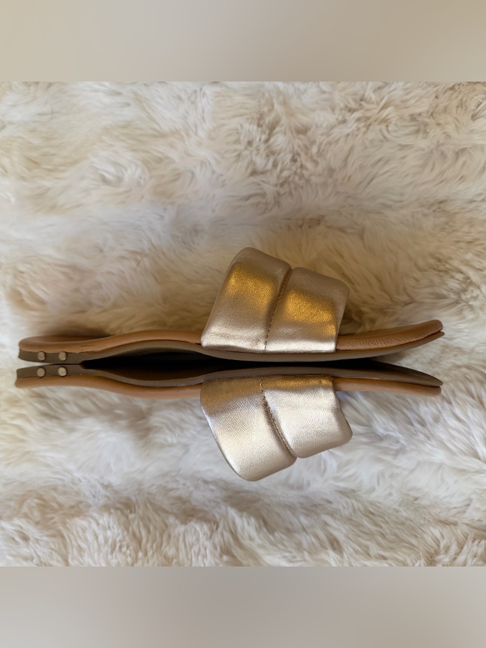 PRICE FIRM. Beek size 9 sugarbird Metallic Gold Slide Sandals. Great condition! - Picture 2 of 8
